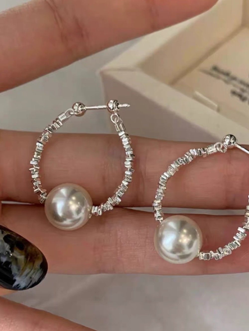 Elegant Silver Hoop Earrings with White Pearl Accent